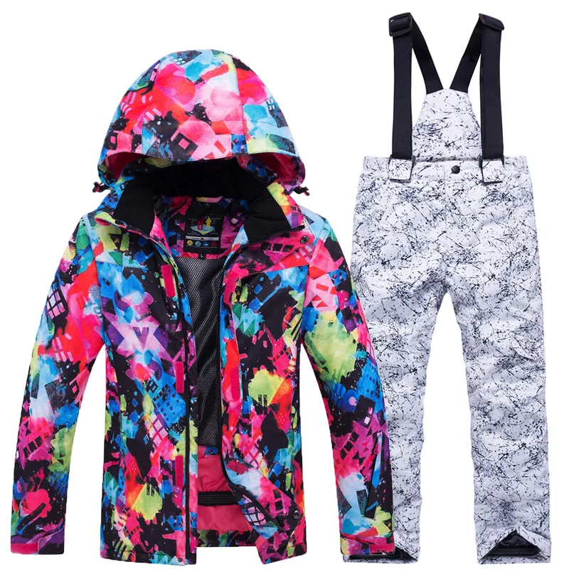 Girls' multicolour graffiti print ski jacket with white ink-print bib pants