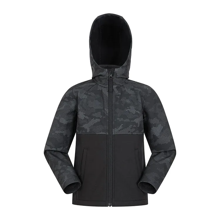 Girls’ Softshell Jacket — Black Camo — Black Camo, front view, hood up