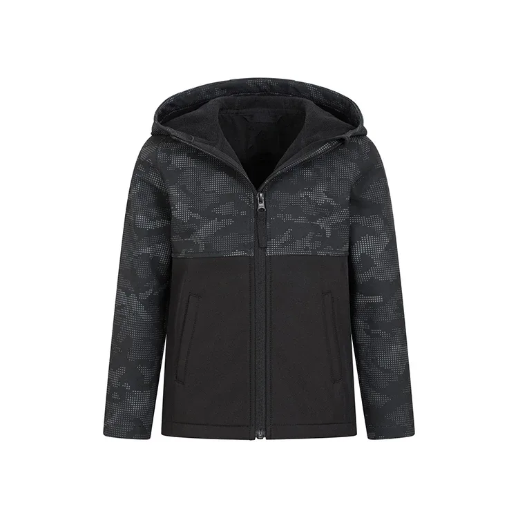 Girls’ Softshell Jacket — Black Camo — Black Camo, front view, hood down