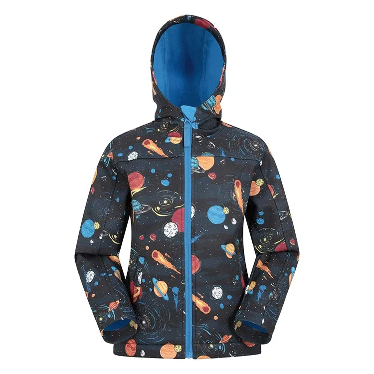 Girls’ Softshell Jacket — Navy Prints — Navy Space Print, front view