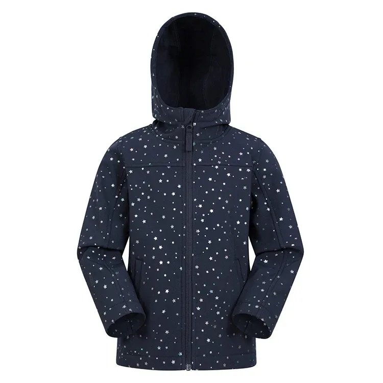 Girls’ Softshell Jacket — Navy Prints — Navy Star Print, front view