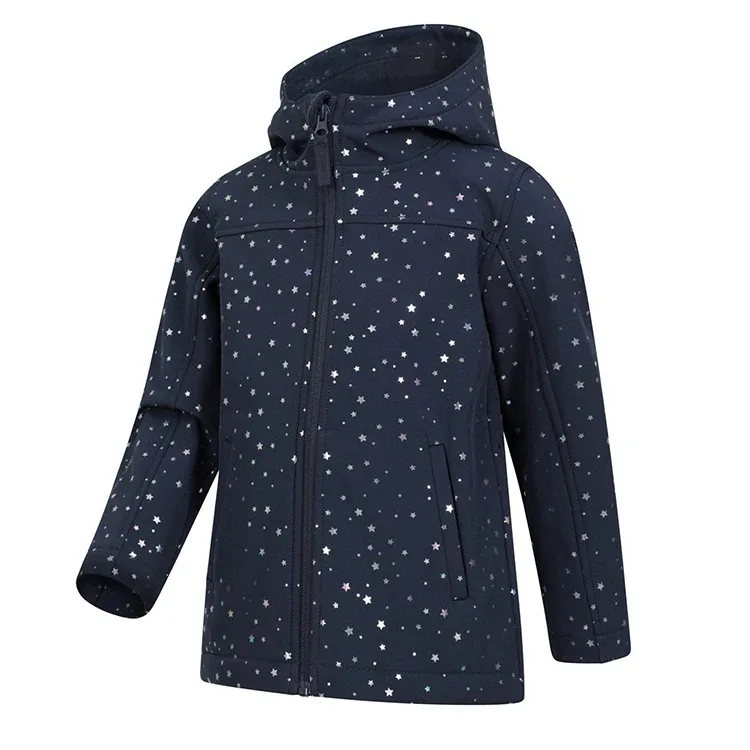Girls’ Softshell Jacket — Navy Prints — Navy Star Print, front view, hood up