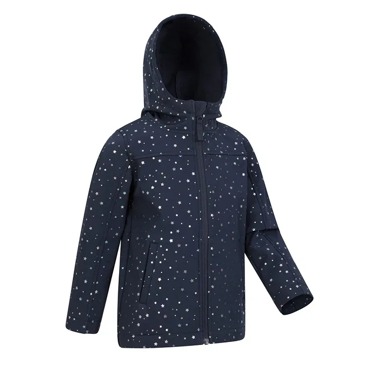 Girls’ Softshell Jacket — Navy Prints — Navy Star Print, three-quarter view