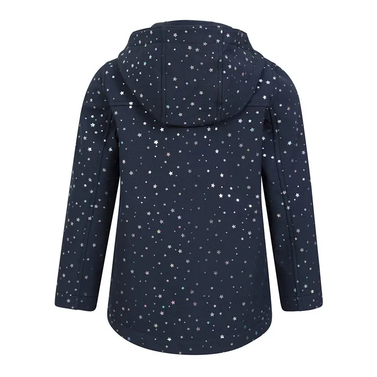 Girls’ Softshell Jacket — Navy Prints — Navy Star Print, back view