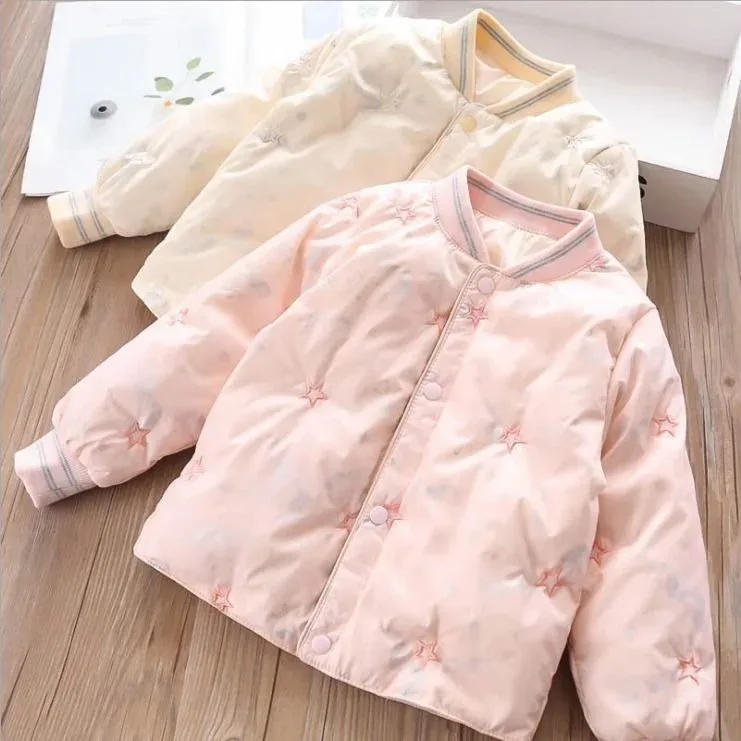 Girls' Star-Quilted Padded Jacket — Both colourways, pair flat lay