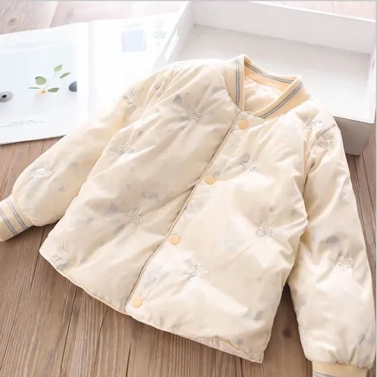 Girls' Star-Quilted Padded Jacket — Beige White, front flat lay