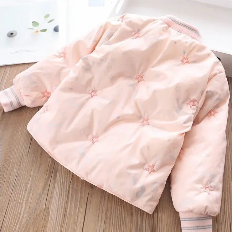 Girls' Star-Quilted Padded Jacket — Pink, back flat lay
