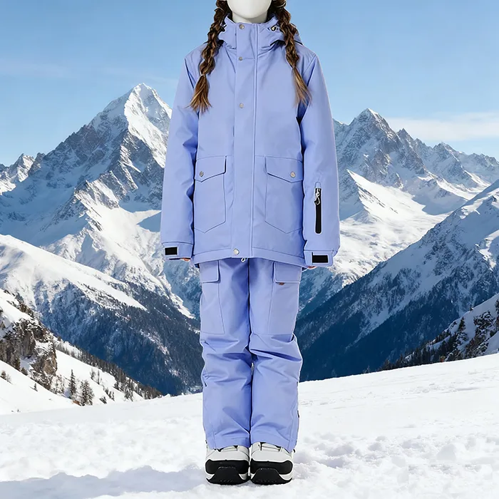 Girls' Two-Piece Ski Suit — Lavender — Lavender — front view in snow