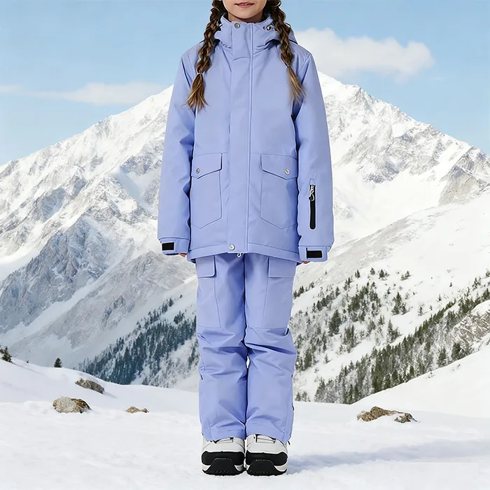 Girls' Two-Piece Ski Suit — Lavender — Lavender — front view in snow, wide