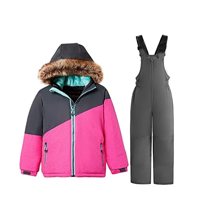 Girls' Two-Piece Ski Suit — Pink & Charcoal — Pink & Charcoal, jacket and bib, front view