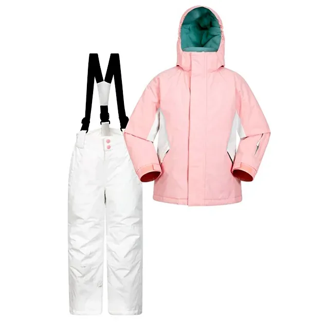 Girls' Two-Piece Ski Suit — Pink & White — Pink & White, jacket and suspender pant, front view