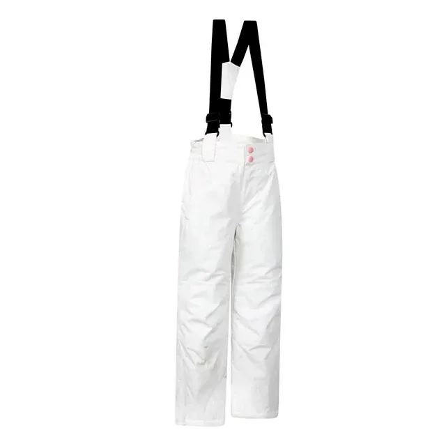 Girls' Two-Piece Ski Suit — Pink & White — White, suspender pant front view