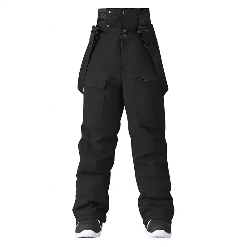 Unisex insulated bib pants in Black — high bib front and cargo pockets, flat lay