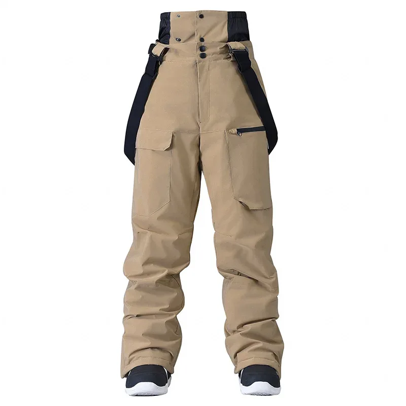 Unisex insulated bib pants in Khaki — high bib front and cargo pockets, flat lay