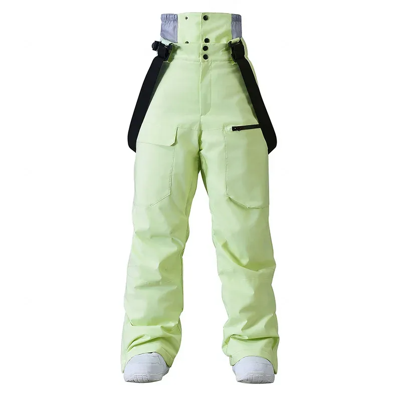 Unisex insulated bib pants in Light Green — high bib front and cargo pockets, flat lay