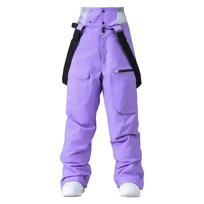 Unisex insulated bib pants in Purple — high bib front and cargo pockets, flat lay