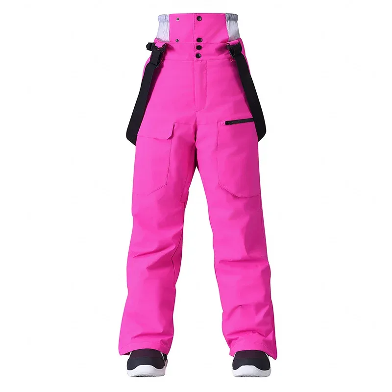 Unisex insulated bib pants in Rose Red — high bib front and cargo pockets, flat lay