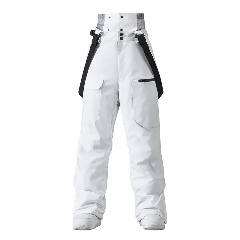 Unisex insulated bib pants in White — high bib front and cargo pockets, flat lay
