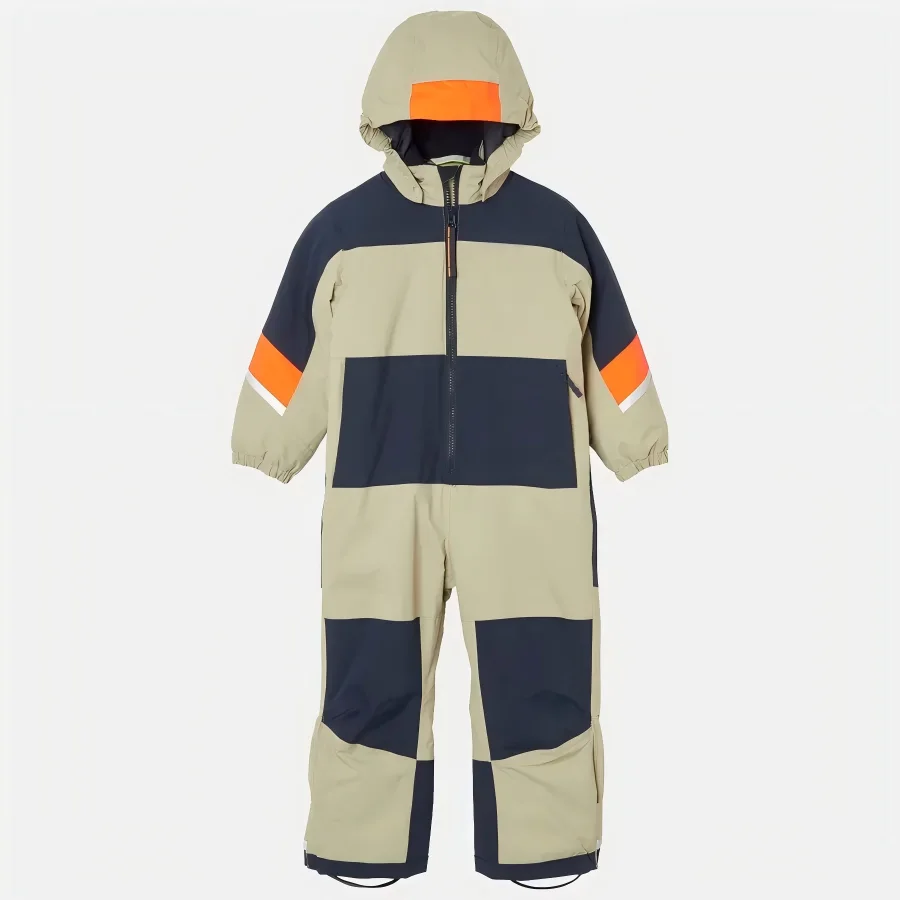Kids' insulated one-piece ski suit in beige, navy and orange colour blocks, front view