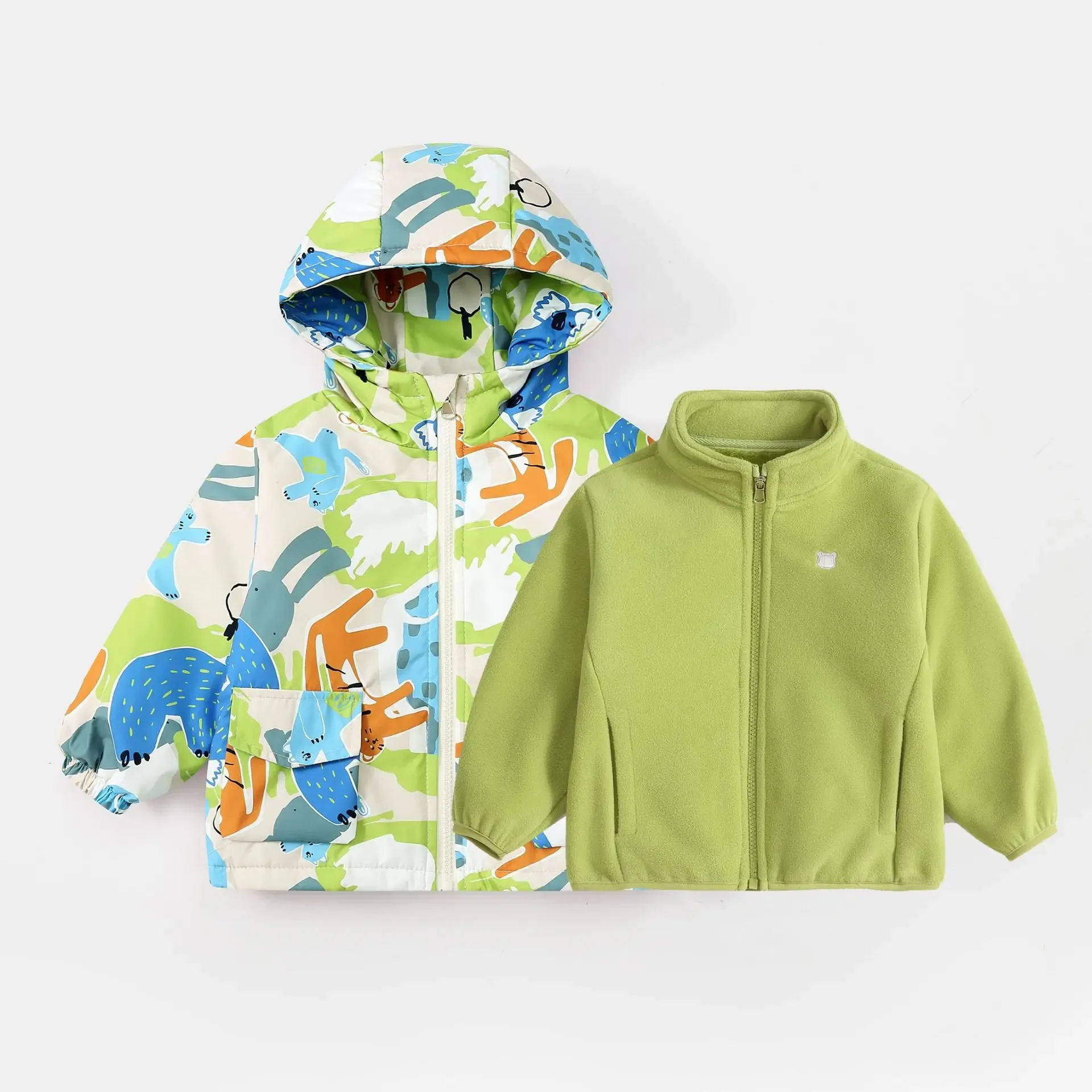 Kids' 3-in-1 Cartoon-Print Jacket — Blue-Green Print, jacket and liner together