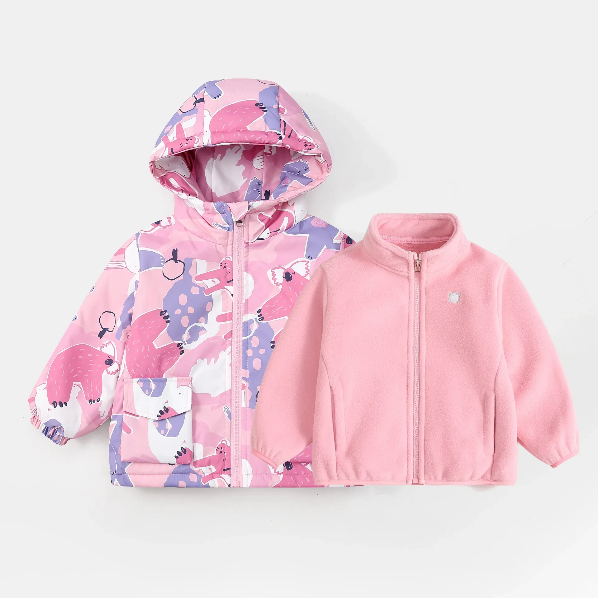 Kids' 3-in-1 Cartoon-Print Jacket — Pink Print, jacket and liner together