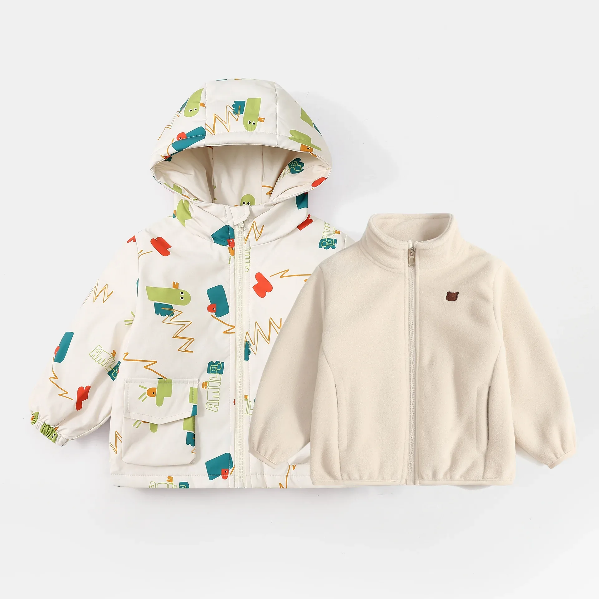 Kids' 3-in-1 Cartoon-Print Jacket — Beige Print, jacket and liner together