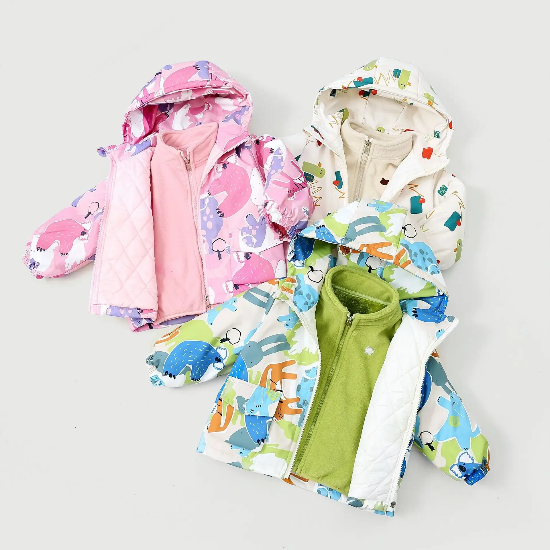 Kids' 3-in-1 Cartoon-Print Jacket — All three colourways, the three prints with their liners