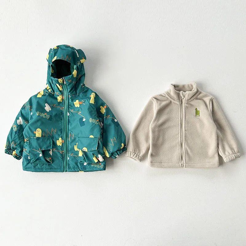 Kids' 3-in-1 Printed Jacket — 2 Colourways — Turquoise Print, shell and liner view