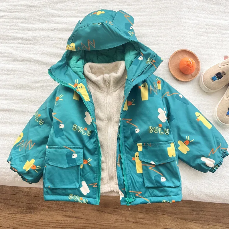 Kids' 3-in-1 Printed Jacket — 2 Colourways — Turquoise Print, combined flat lay