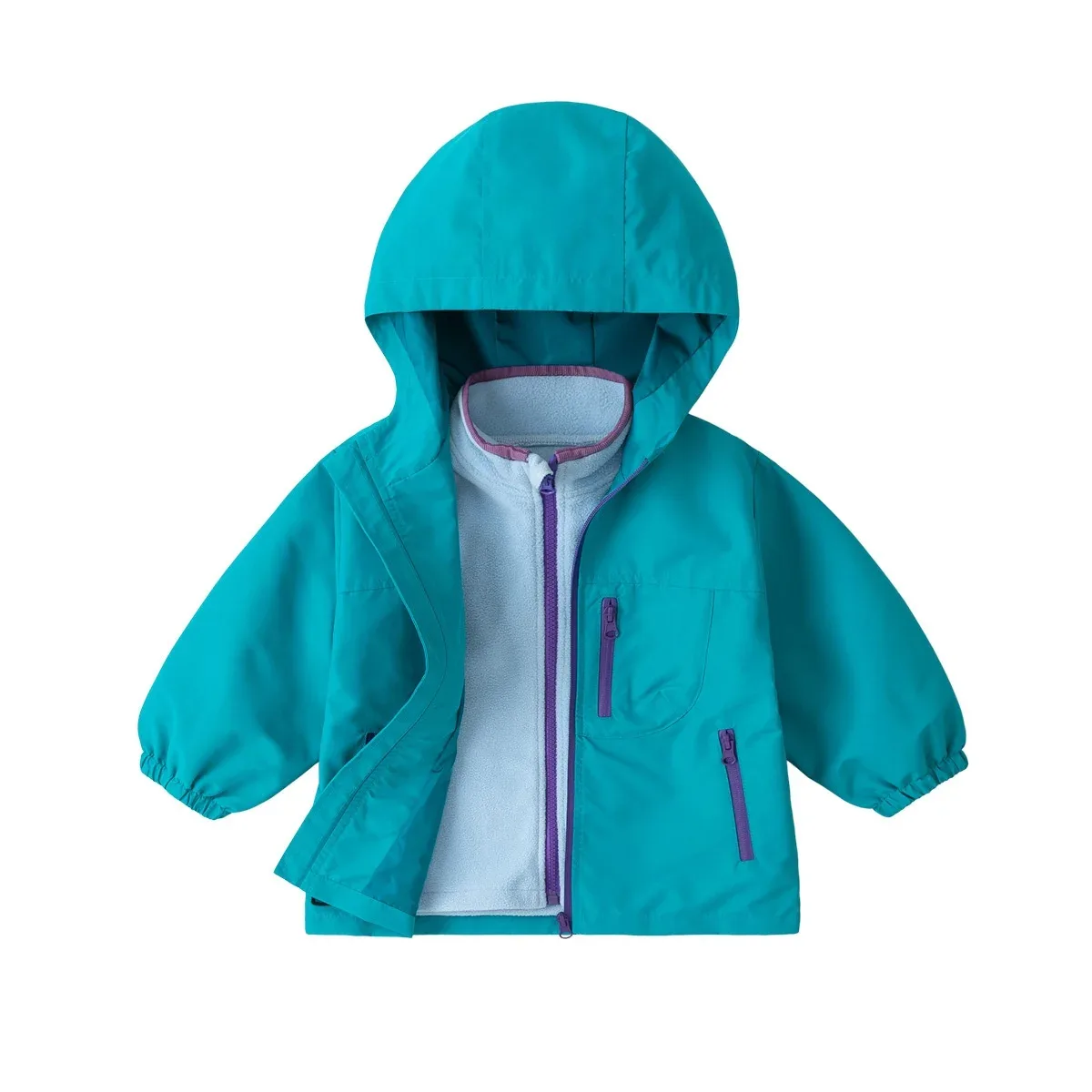 Kids' 3-in-1 Three-Layer Jacket — Teal Blue, open front, showing the layers
