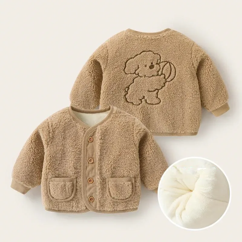Kids' Animal-Back Fleece Cardigan — 4 Colourways — Khaki, front and back views