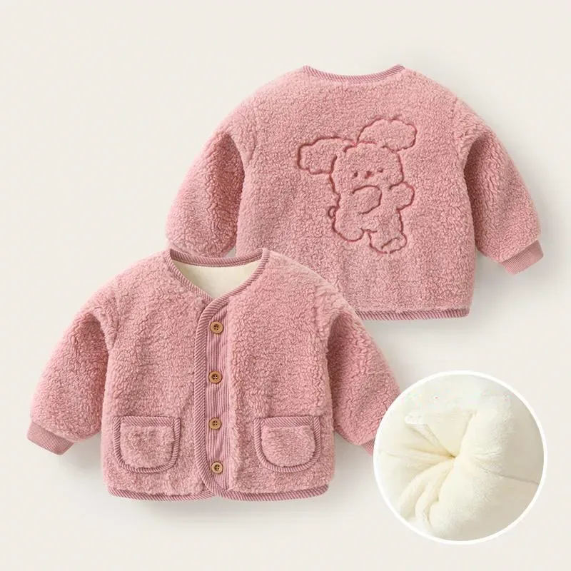 Kids' Animal-Back Fleece Cardigan — 4 Colourways — Pink, front and back views