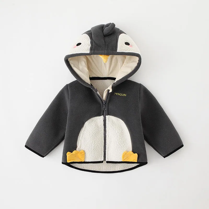 Kids' Animal-Hood Fleece Jacket — 4 Colourways — Penguin Grey, front view