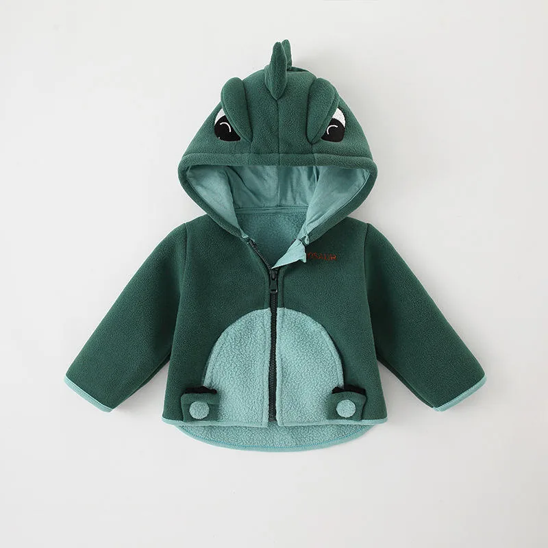 Kids' Animal-Hood Fleece Jacket — 4 Colourways — Dinosaur Green, front view