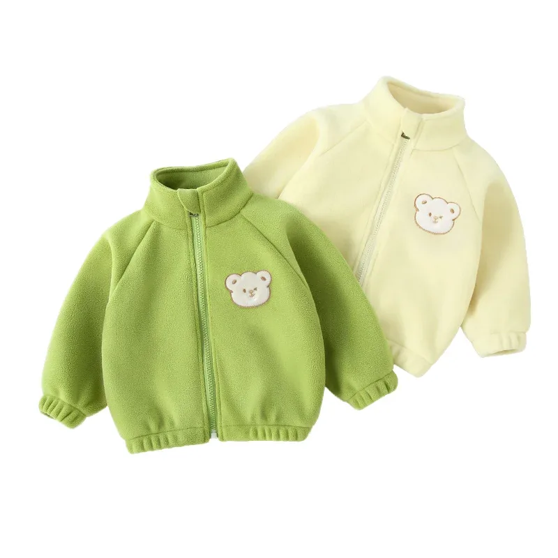 Kids' Bear-Appliqué Polar Fleece Jacket — 5 Colourways — Green and Apricot, two colourways together