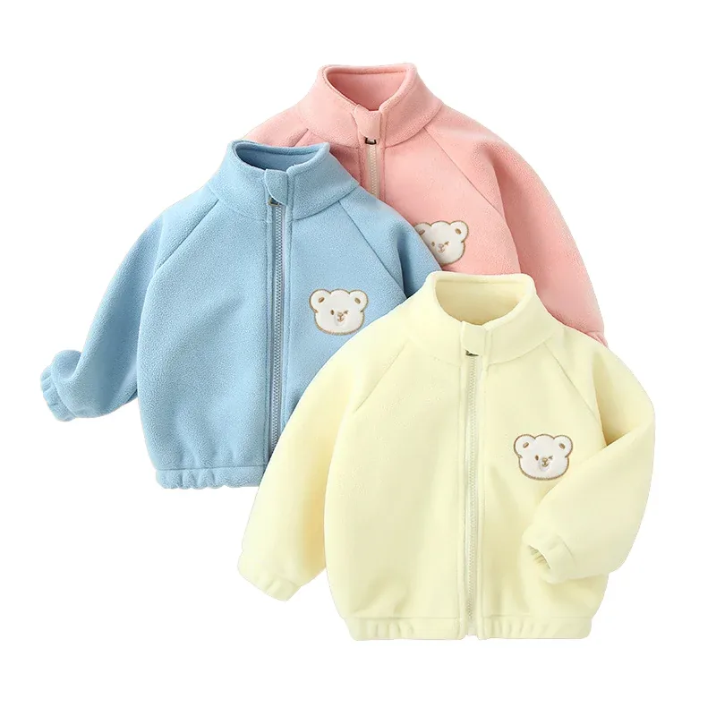 Kids' Bear-Appliqué Polar Fleece Jacket — 5 Colourways — Blue, Pink and Apricot, three colourways together