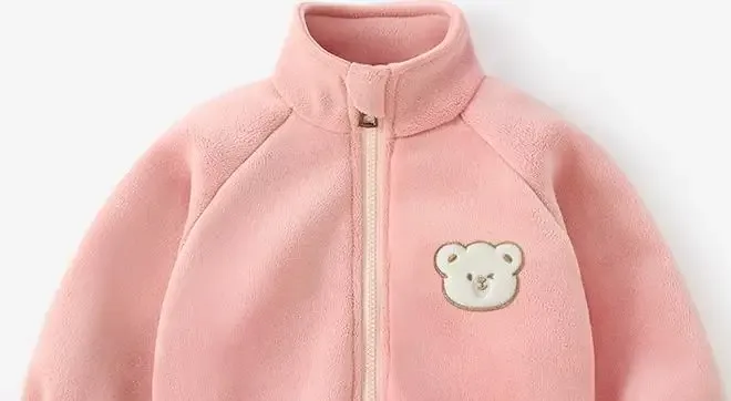Kids' Bear-Appliqué Polar Fleece Jacket — 5 Colourways — Pink, chest detail