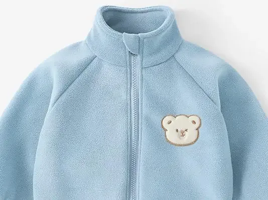 Kids' Bear-Appliqué Polar Fleece Jacket — 5 Colourways — Blue, chest detail