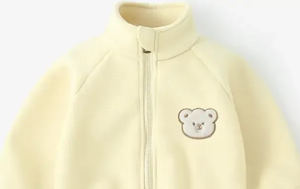 Kids' Bear-Appliqué Polar Fleece Jacket — 5 Colourways — Apricot, chest detail