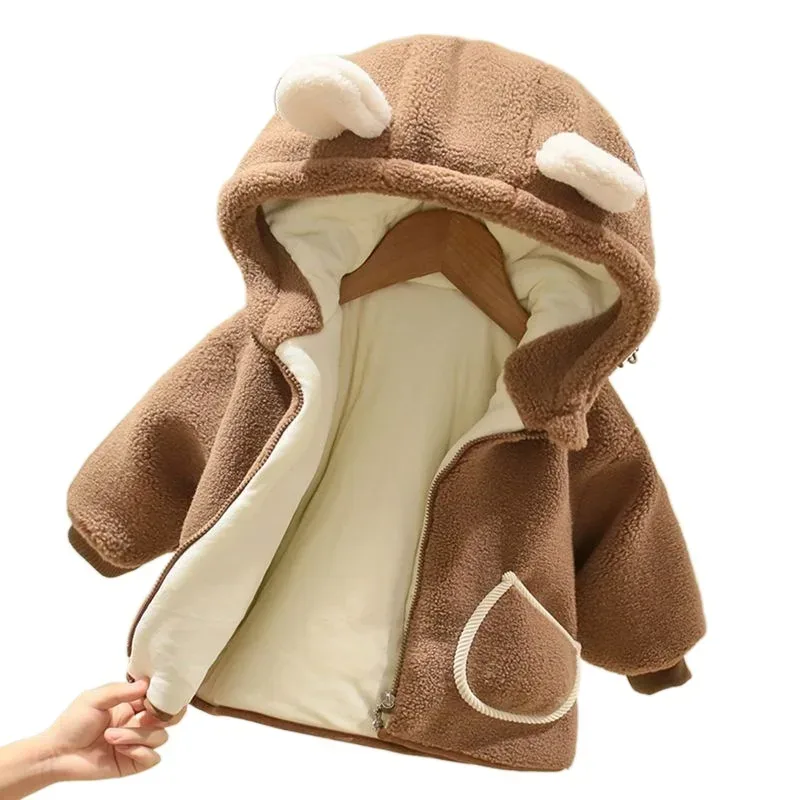 Kids' Bear-Ear Hooded Fleece Jacket — 2 Colourways — Brown, open front, showing the lining
