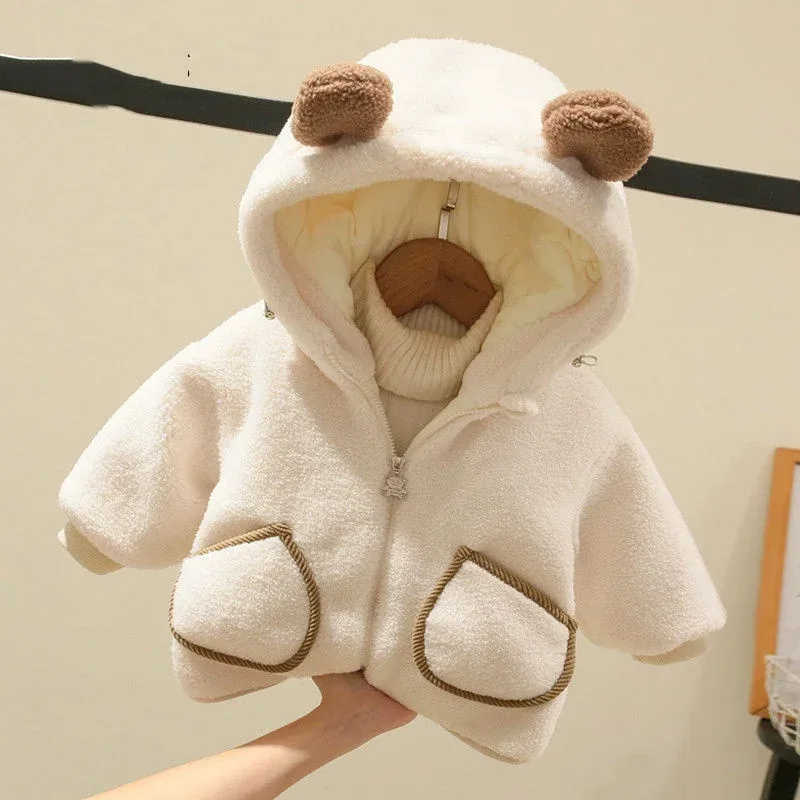 Kids' Bear-Ear Hooded Fleece Jacket — 2 Colourways — Beige, front view