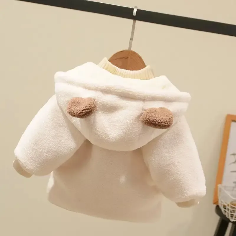 Kids' Bear-Ear Hooded Fleece Jacket — 2 Colourways — Beige, back view