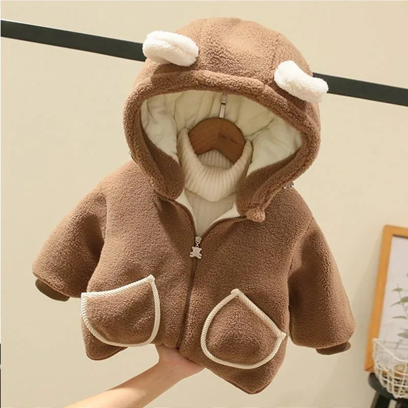 Kids' Bear-Ear Hooded Fleece Jacket — 2 Colourways — Brown, front view