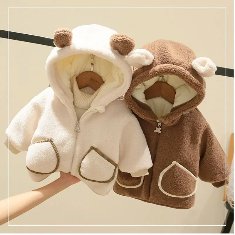 Kids' Bear-Ear Hooded Fleece Jacket — 2 Colourways — Beige and Brown, both colourways together