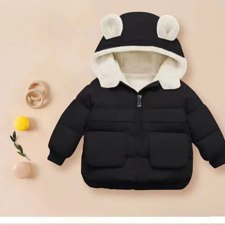 Kids' Bear-Ear Hooded Padded Jacket — Black, front