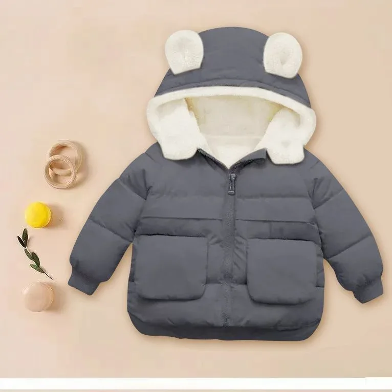 Kids' Bear-Ear Hooded Padded Jacket — Slate Gray, front