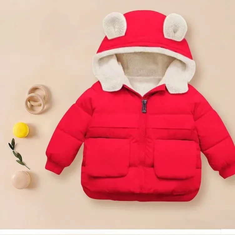 Kids' Bear-Ear Hooded Padded Jacket — Red, front