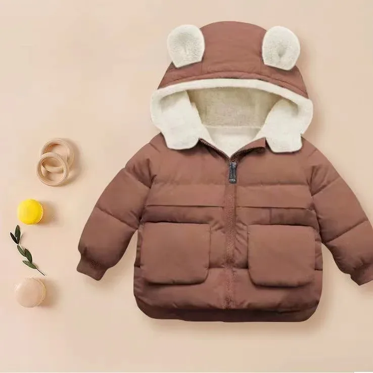 Kids' Bear-Ear Hooded Padded Jacket — Brown, front