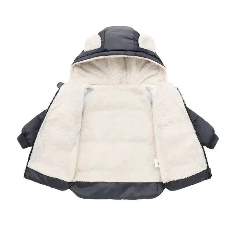 Kids' Bear-Ear Hooded Padded Jacket — Open view, open, showing the fleece lining