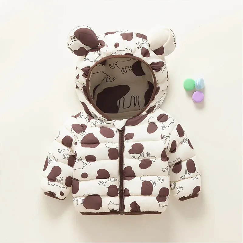 Kids' Bear-Ear Hooded Print Jacket — Cream Cow Print, front